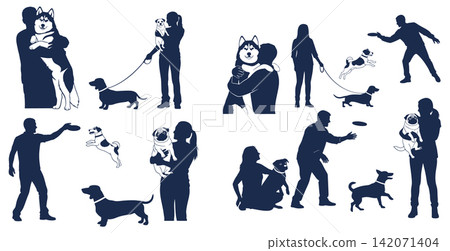 Collection of people with their pet dogs in silhouette vector illustration for animal care concepts Collection of people with their pet dogs in silhouette vector illustration for animal care concepts 142071404