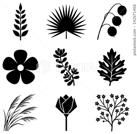 Collection of plant and floral silhouette icons featuring diverse botanical shapes for nature graphic designs 142071408