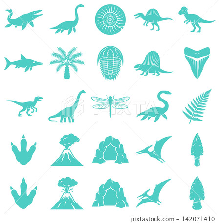 Collection of prehistoric dinosaur icons and fossil elements presented in a flat silhouette design style Collection of prehistoric dinosaur icons and fossil elements presented in a flat silhouette design style 142071410