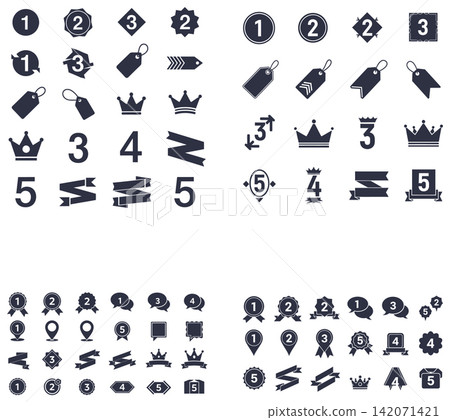 Collection of ranking badges and number labels with crowns ribbons and speech bubble icon shapes Collection of ranking badges and number labels with crowns ribbons and speech bubble icon shapes 142071421