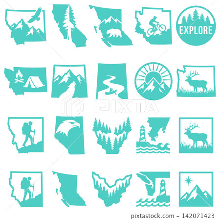 Collection of regional nature exploration emblems showing landscapes and outdoor wildlife symbols for travel identity projects Collection of regional nature exploration emblems showing landscapes and outdoor wildlife symbols for travel identity projects 142071423