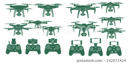 Collection of remote controlled drone icons with controllers in flat style for technical hobbyist projects Collection of remote controlled drone icons with controllers in flat style for technical hobbyist projects 142071424