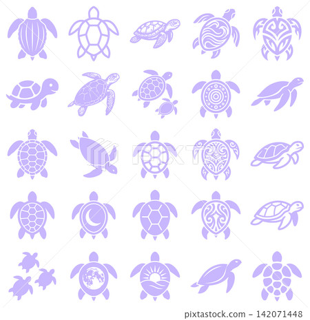 Collection of sea turtle icons featuring various shell patterns and swimming poses for marine conservation projects Collection of sea turtle icons featuring various shell patterns and swimming poses for marine conservation projects 142071448