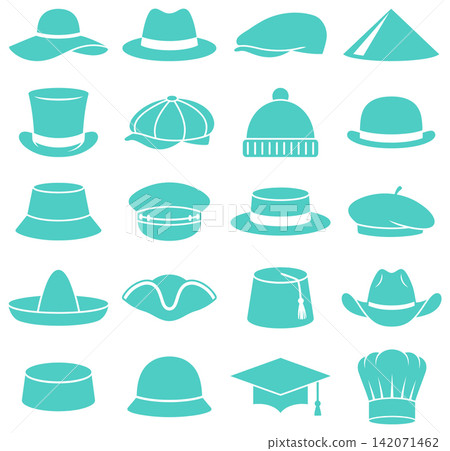 Collection of simple flat headwear icons featuring various traditional and modern hat styles for fashion 142071462