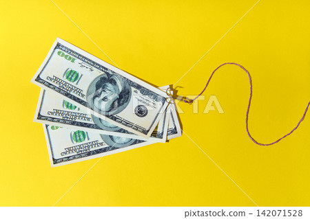 Dollars on fishing hook financial scam background Dollars on fishing hook financial scam background 142071528
