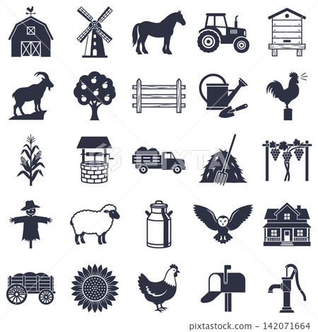 Collection of farm animal and agricultural building icons for rural lifestyle or organic produce branding projects Collection of farm animal and agricultural building icons for rural lifestyle or organic produce branding projects 142071664
