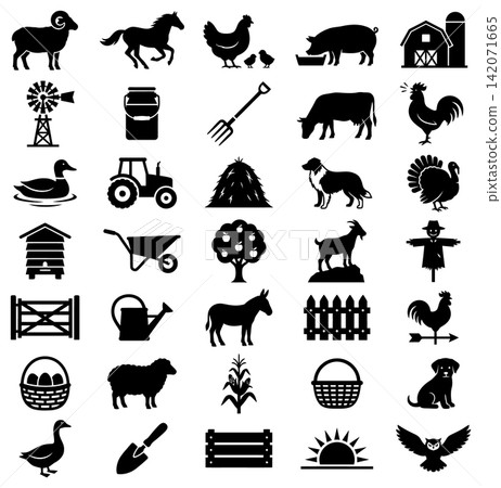 Collection of farm animal and agricultural equipment icons in a solid flat graphic design style Collection of farm animal and agricultural equipment icons in a solid flat graphic design style 142071665