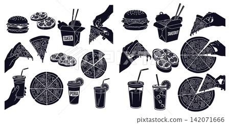 Collection of fast food and takeout icons featuring pizza burgers and refreshing drinks with hand gestures Collection of fast food and takeout icons featuring pizza burgers and refreshing drinks with hand gestures 142071666