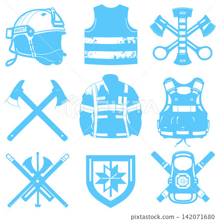 Collection of firefighting equipment icons including protective gear and rescue tools for emergency safety services Collection of firefighting equipment icons including protective gear and rescue tools for emergency safety services 142071680