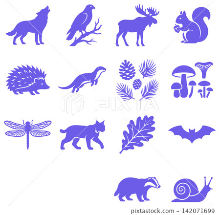 Collection of forest animals and woodland icons in flat style for camping and outdoors branding Collection of forest animals and woodland icons in flat style for camping and outdoors branding 142071699