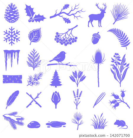 Collection of forest nature icons with winter foliage leaves and woodland animals for seasonal designs Collection of forest nature icons with winter foliage leaves and woodland animals for seasonal designs 142071700