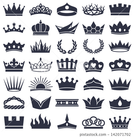 Collection of forty distinct crown icons in silhouette style representing royal symbols of power authority and leadership Collection of forty distinct crown icons in silhouette style representing royal symbols of power authority and leadership 142071702