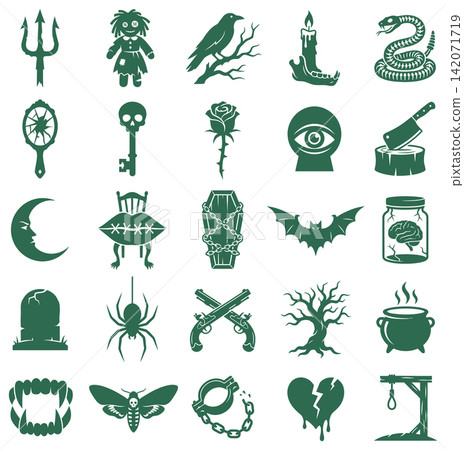 Collection of spooky gothic icons featuring skulls and occult symbols in a flat graphic style Collection of spooky gothic icons featuring skulls and occult symbols in a flat graphic style 142071719