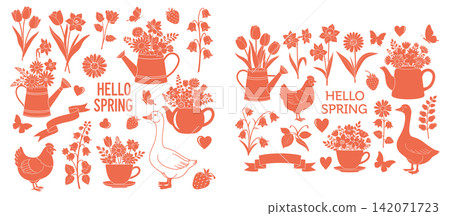 Collection of spring themed floral vector elements with charming farm animals for seasonal design projects Collection of spring themed floral vector elements with charming farm animals for seasonal design projects 142071723