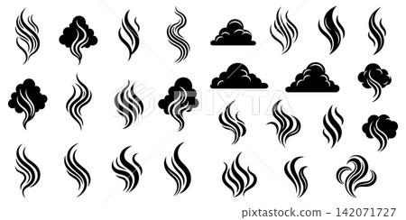 Collection of steam and smoke icons in flat minimalist style for cafe menu or food branding Collection of steam and smoke icons in flat minimalist style for cafe menu or food branding 142071727
