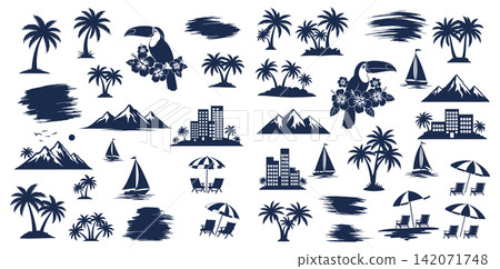 Collection of summer vacation icons featuring tropical landscapes and palm trees in flat solid style Collection of summer vacation icons featuring tropical landscapes and palm trees in flat solid style 142071748