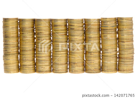 old & used golden coins stack up in white background old & used golden coins stack up in white background 142071765