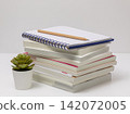 Stacked Books with Spiral Notebook Pencil and Succulent Plant on Desk 142072005