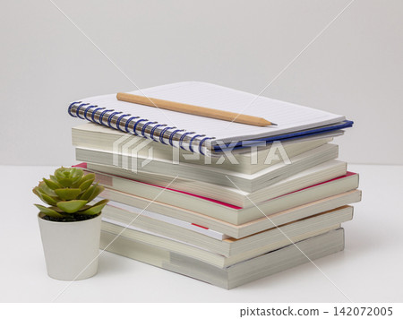 Stacked Books with Spiral Notebook Pencil and Succulent Plant on Desk Stacked Books with Spiral Notebook Pencil and Succulent Plant on Desk 142072005