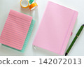 Pink lined notepad, mint notepad, washi tape and pink journal with green pen 142072013