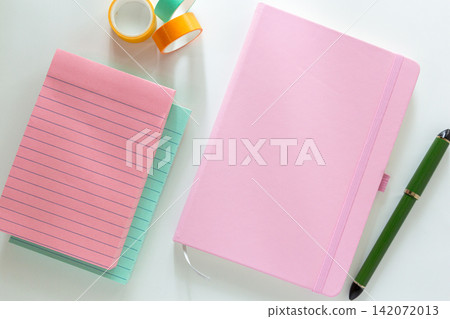 Pink lined notepad, mint notepad, washi tape and pink journal with green pen Pink lined notepad, mint notepad, washi tape and pink journal with green pen 142072013