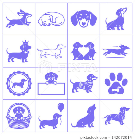 Collection of adorable dachshund dog icons showing multiple poses and lifestyle activities in minimalist style Collection of adorable dachshund dog icons showing multiple poses and lifestyle activities in minimalist style 142072014