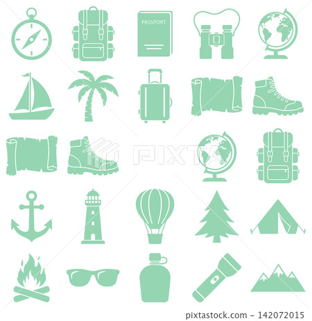 Collection of adventure and outdoor travel icons showing camping gear and navigation tools in flat style 142072015