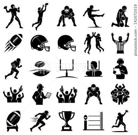 Collection of American football player silhouettes performing various game actions and athletic poses for sports graphics Collection of American football player silhouettes performing various game actions and athletic poses for sports graphics 142072019