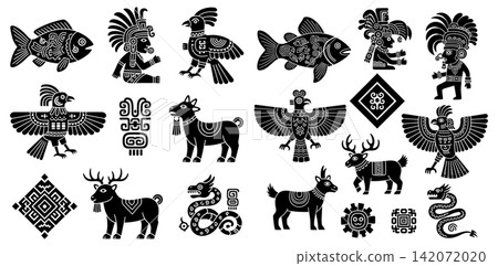 Collection of ancient aztec style animal symbols and tribal pattern icons for historic cultural projects Collection of ancient aztec style animal symbols and tribal pattern icons for historic cultural projects 142072020