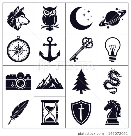 Collection of assorted adventure and wildlife themed monochrome vector icons for outdoor branding and design Collection of assorted adventure and wildlife themed monochrome vector icons for outdoor branding and design 142072031
