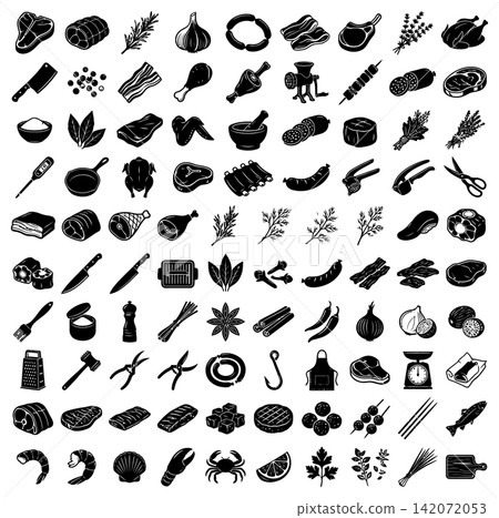Collection of black food and culinary icons featuring raw meat fresh produce and cooking tools Collection of black food and culinary icons featuring raw meat fresh produce and cooking tools 142072053