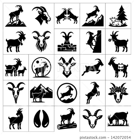 Collection of black goat icons featuring animals in various poses and situations for farm designs 142072054