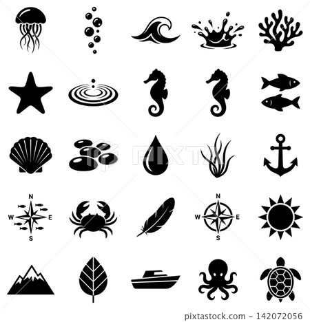 Collection of black marine animal silhouettes featuring jellyfish starfish and tropical sea life icon set Collection of black marine animal silhouettes featuring jellyfish starfish and tropical sea life icon set 142072056