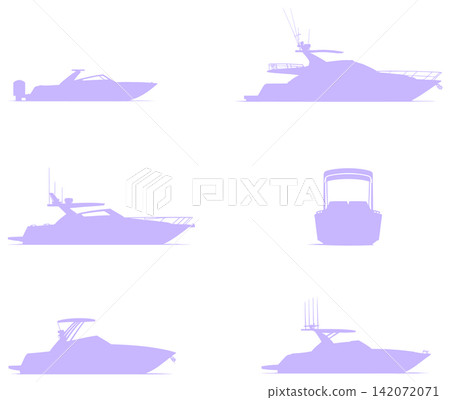 Collection of boat silhouettes representing various maritime vessels in a clean and minimalist graphic design set 142072071