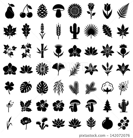Collection of botanical plant and flower silhouette icons for floral design and nature inspired graphics Collection of botanical plant and flower silhouette icons for floral design and nature inspired graphics 142072076
