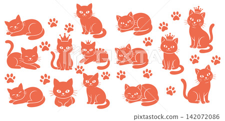 Collection of cat vector icons in various poses with paw prints and royal crowns for pet brand designs Collection of cat vector icons in various poses with paw prints and royal crowns for pet brand designs 142072086