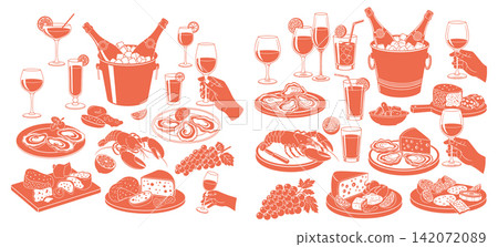 Collection of cheese and wine tasting icons in a simple graphic line art drawing style Collection of cheese and wine tasting icons in a simple graphic line art drawing style 142072089