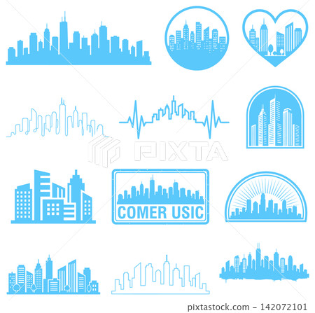 Collection of city skyline icons featuring modern building silhouettes for urban development and real estate Collection of city skyline icons featuring modern building silhouettes for urban development and real estate 142072101