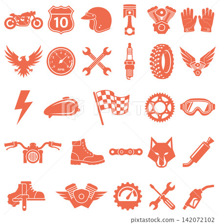 Collection of classic motorcycle parts and mechanic tools in a clean flat vector icon set Collection of classic motorcycle parts and mechanic tools in a clean flat vector icon set 142072102