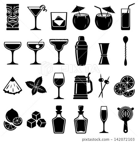 Collection of cocktail and bar drink icons featuring glassware tools and fruit garnishes in flat style Collection of cocktail and bar drink icons featuring glassware tools and fruit garnishes in flat style 142072103
