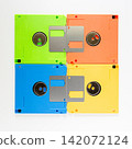 Four Colorful Floppy Disks in Grid Arrangement on White Background 142072124