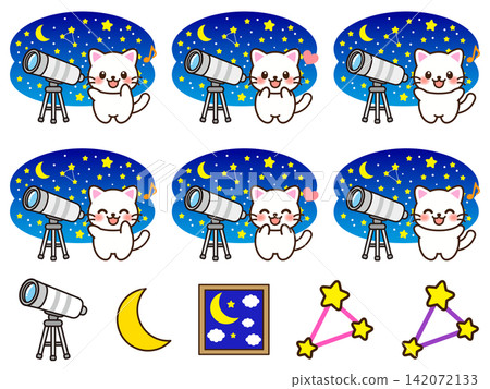 圖解集 2:一隻貓用望遠鏡觀察星星。 圖解集 2:一隻貓用望遠鏡觀察星星。 142072133