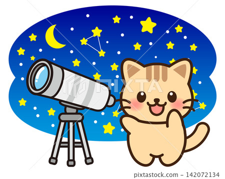 一隻貓正透過望遠鏡觀察星星的插圖 一隻貓正透過望遠鏡觀察星星的插圖 142072134