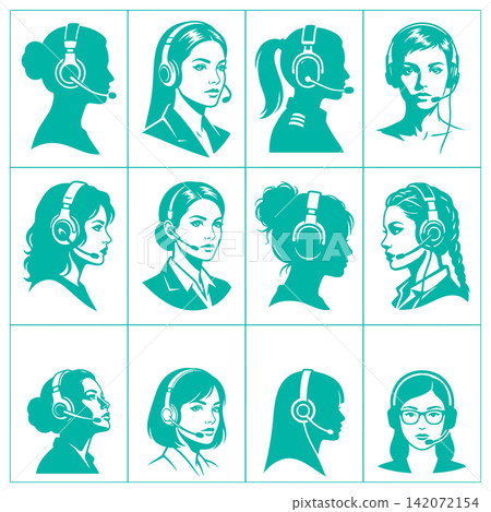 Collection of customer support representative icons featuring women wearing headsets for business communication and service themes Collection of customer support representative icons featuring women wearing headsets for business communication and service themes 142072154