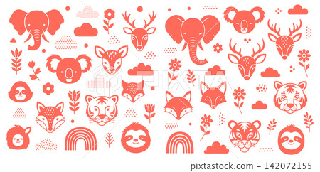 Collection of cute animal head icons featuring various wildlife for nursery decor and educational creative projects Collection of cute animal head icons featuring various wildlife for nursery decor and educational creative projects 142072155
