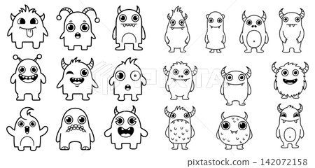 Collection of cute cartoon monsters with friendly expressions in simple line art style for kids crafts Collection of cute cartoon monsters with friendly expressions in simple line art style for kids crafts 142072158