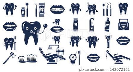 Collection of cute dental characters and professional equipment icons for pediatric clinic marketing materials and education Collection of cute dental characters and professional equipment icons for pediatric clinic marketing materials and education 142072161
