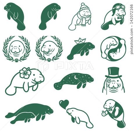 Collection of cute manatee character illustrations showing various activities and whimsical poses for creative design projects Collection of cute manatee character illustrations showing various activities and whimsical poses for creative design projects 142072166