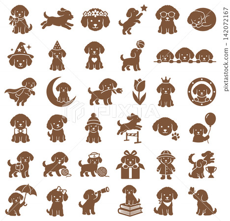 Collection of cute puppy dog silhouettes playing and resting for pet shop branding or stickers Collection of cute puppy dog silhouettes playing and resting for pet shop branding or stickers 142072167