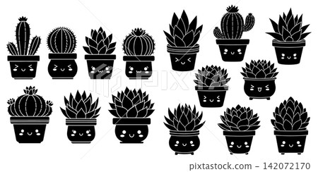 Collection of cute succulent and cactus plant icons with happy faces in flat vector style Collection of cute succulent and cactus plant icons with happy faces in flat vector style 142072170